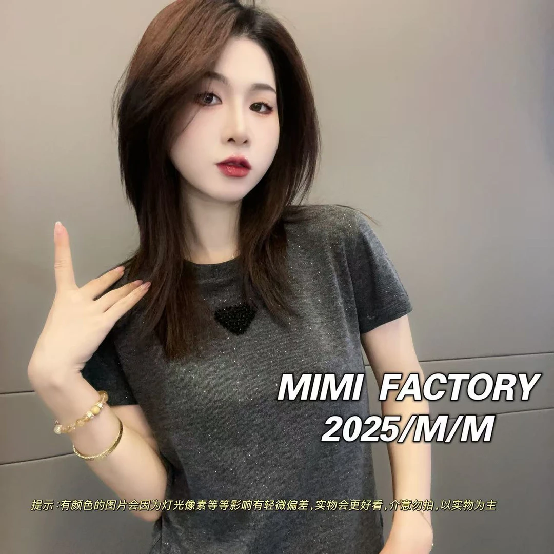 芈芈 2025新款短袖 三角满天星短袖T恤女修身显瘦上衣2074#