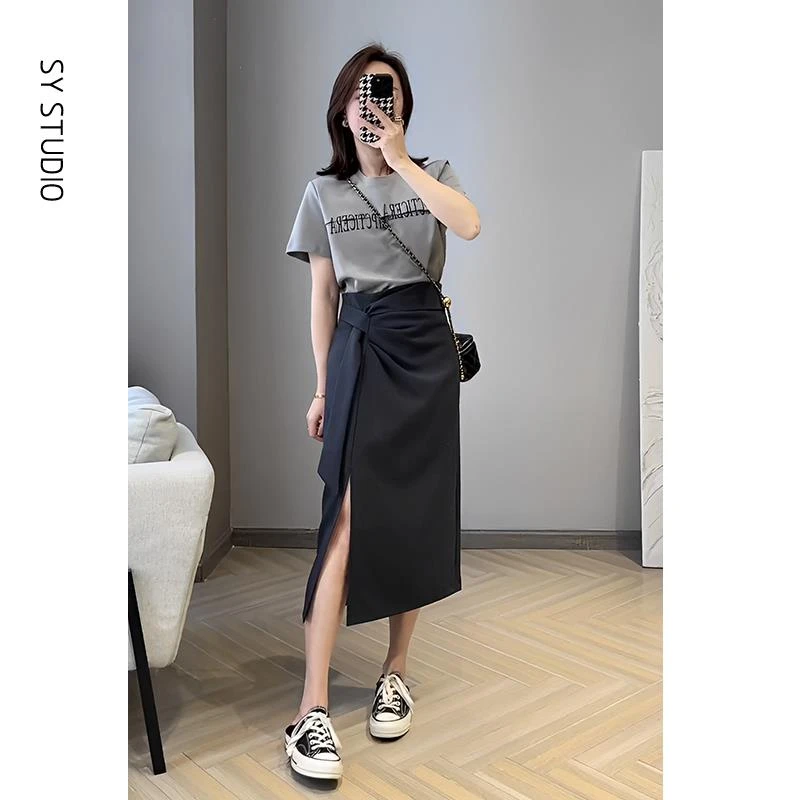 VOCKOO官方休闲时尚套装女夏装新款时尚字母印花短袖T恤不规则半