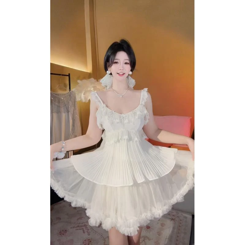 【崔】D0158甜美温柔气质百褶吊带小衫收腰显瘦白色吊带背心