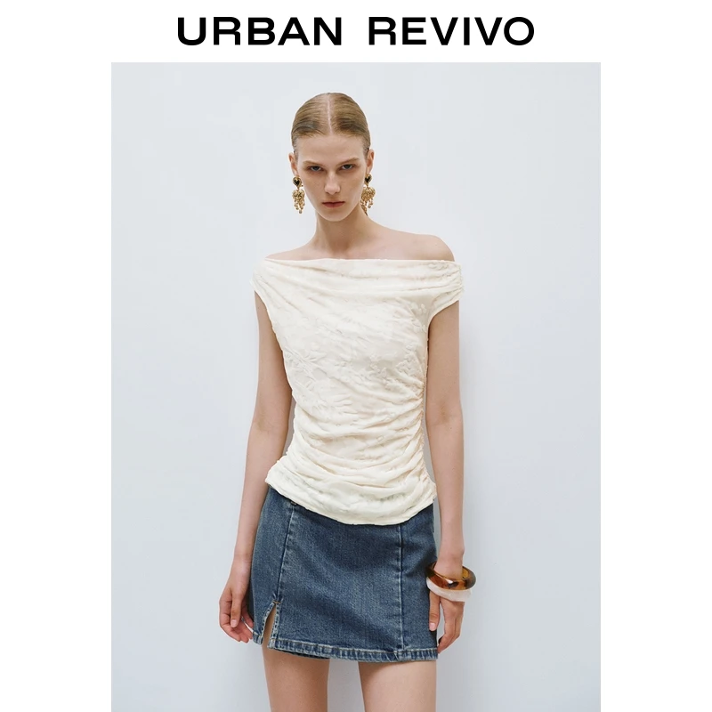 UR2025夏季新款女装气质魅力褶皱收腰肌理刺绣T恤UWG450122