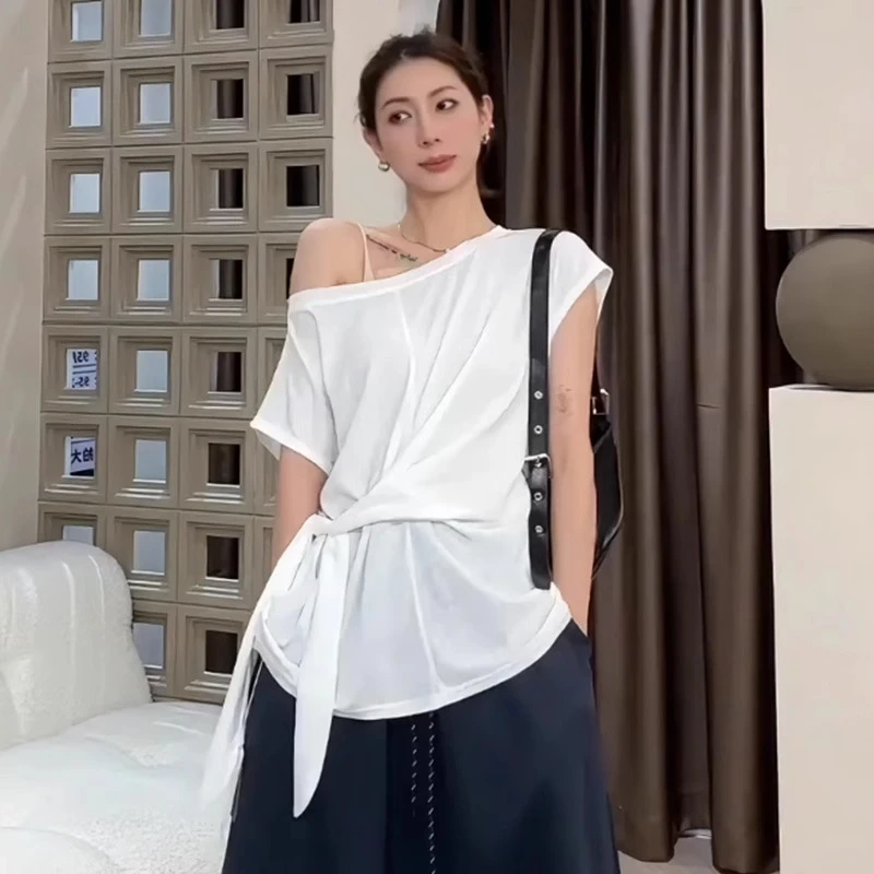 巨好看的夏日减龄微胖mm斜肩绑带短袖t恤女夏季大码修身露肩上衣
