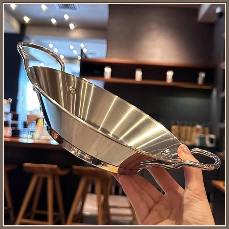 ins不锈钢双手柄海鲜锅家用ZY0野餐盘子不锈钢锅炸鸡西餐盘【飞菲】