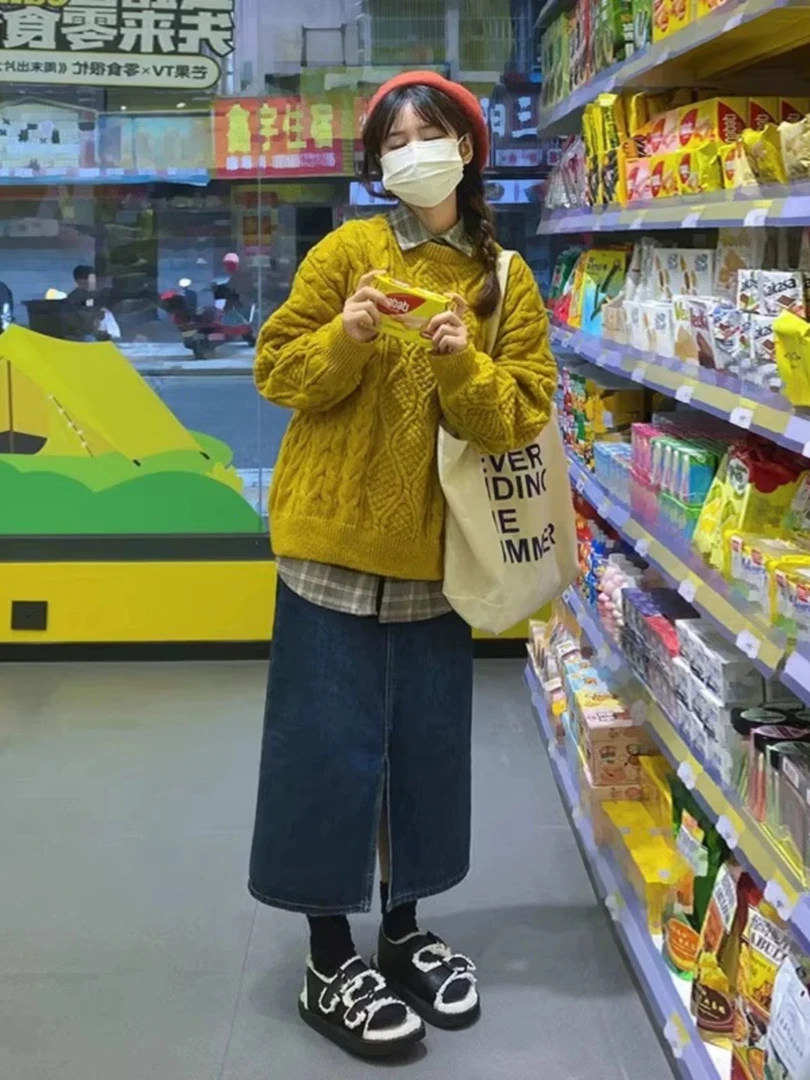 VERA复古麻花毛衣女秋冬多巴胺穿搭慵懒风宽松软糯姜黄色针织衫