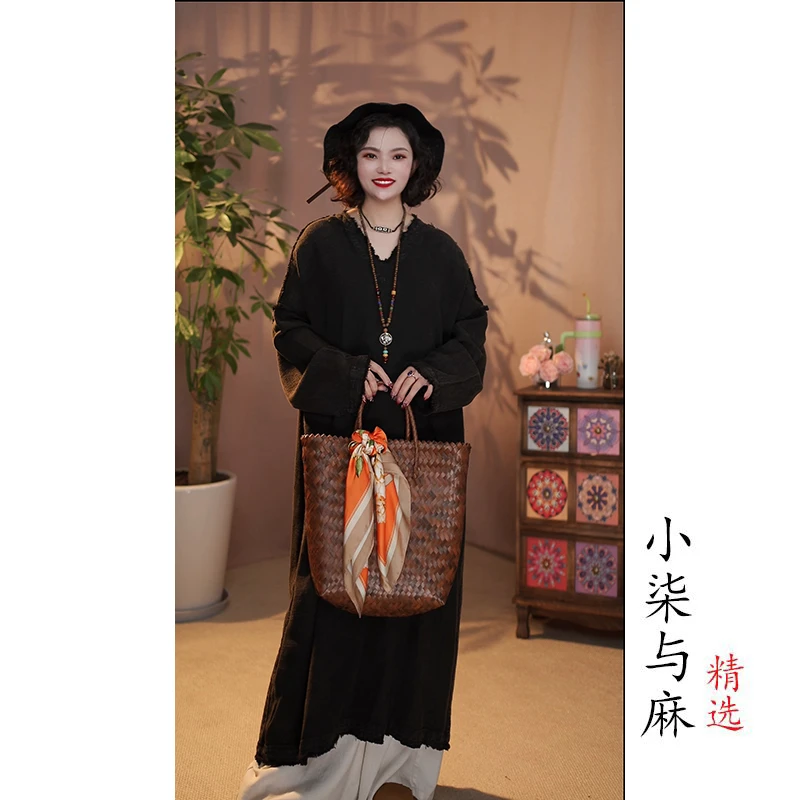 【小柒与麻】V领手工拉毛长款裙袍（衣长110-115胸围140）黑色