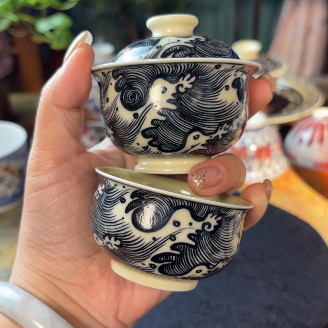 孤品福利青花手绘二号釉海水纹