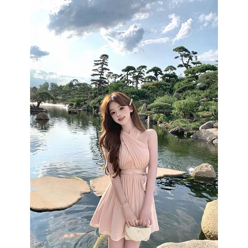 【香槟薄雾】韩系甜美少女交叉挂脖裸粉系带新款连衣裙显瘦收腰短裙