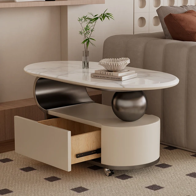 现代轻奢高级感可移动岩板茶几家用微晶石沙发边几侧边柜带轮桌子