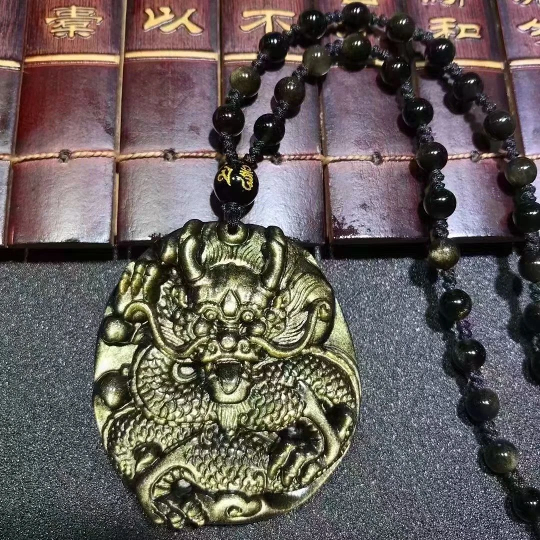 天然黑曜石吊坠金曜石圆龙牌吊坠项链时尚百搭中国风招财纳福饰品
