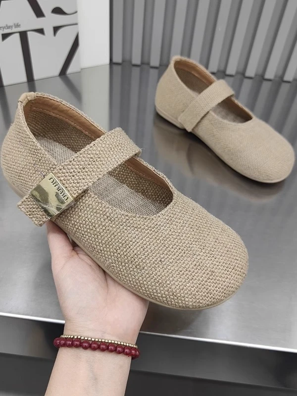 亚麻浅口单鞋女2025春夏新款透气舒适软底圆头一字扣带百搭懒人鞋