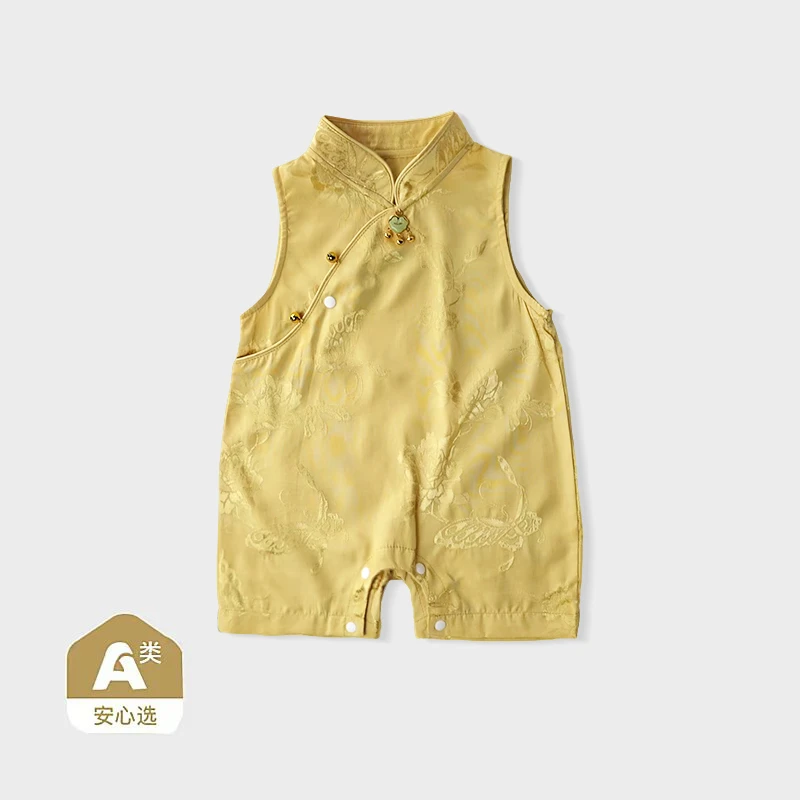 婴儿夏季国风无袖连体黄色提花A类材质立领盘扣节日婴儿衣服宝宝