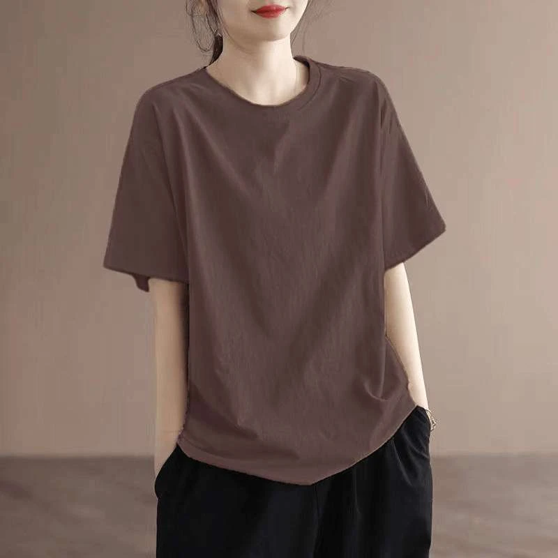 清仓捡漏2025新款纯棉短袖t恤女夏装宽松圆领遮肚上衣正肩打底衫