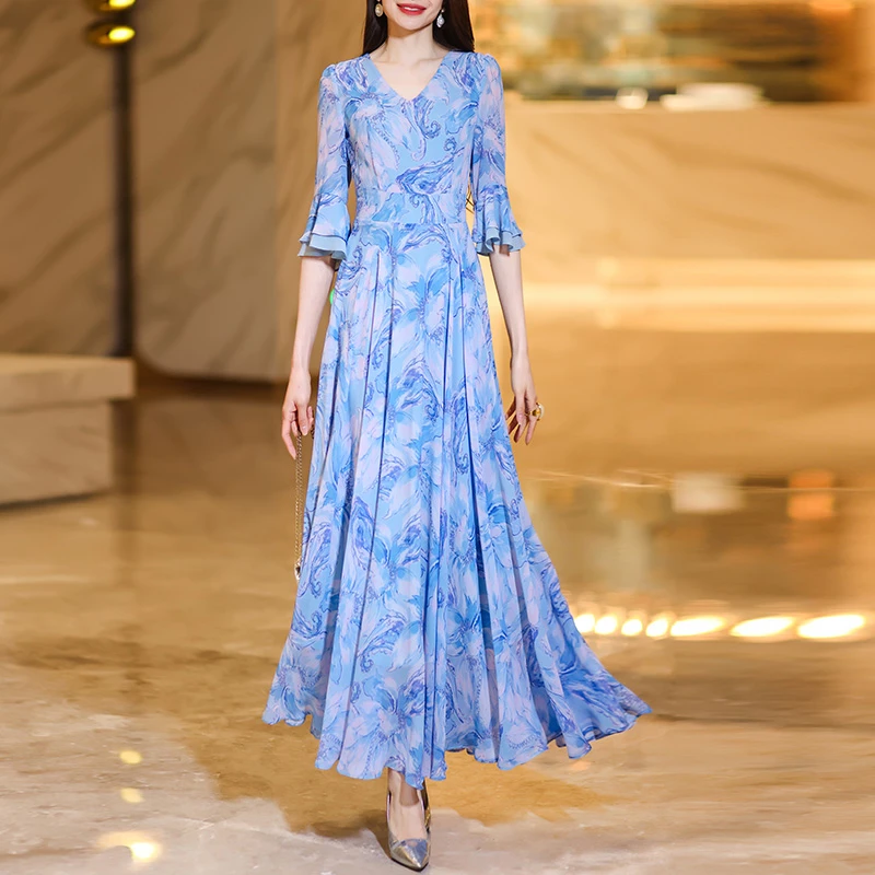 五分袖时尚连衣裙女2025夏季新款荷叶边气质收腰复古印花大摆长裙