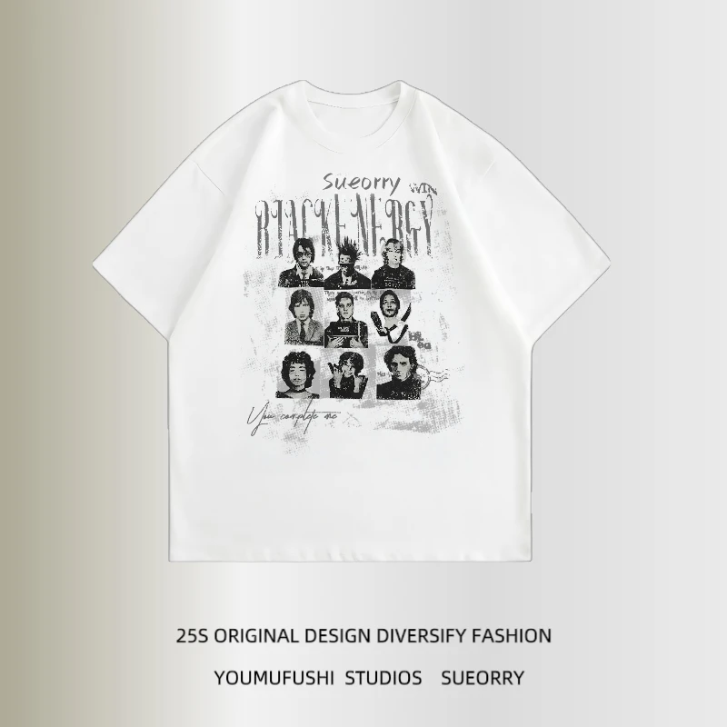 夏季新款美式复古高街人像印花短袖T恤男宽松百搭休闲潮流情侣短t