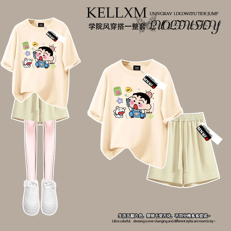 女童夏季纯棉t恤短袖短裤套装日系卡通蜡笔小新印花休闲两件套ins