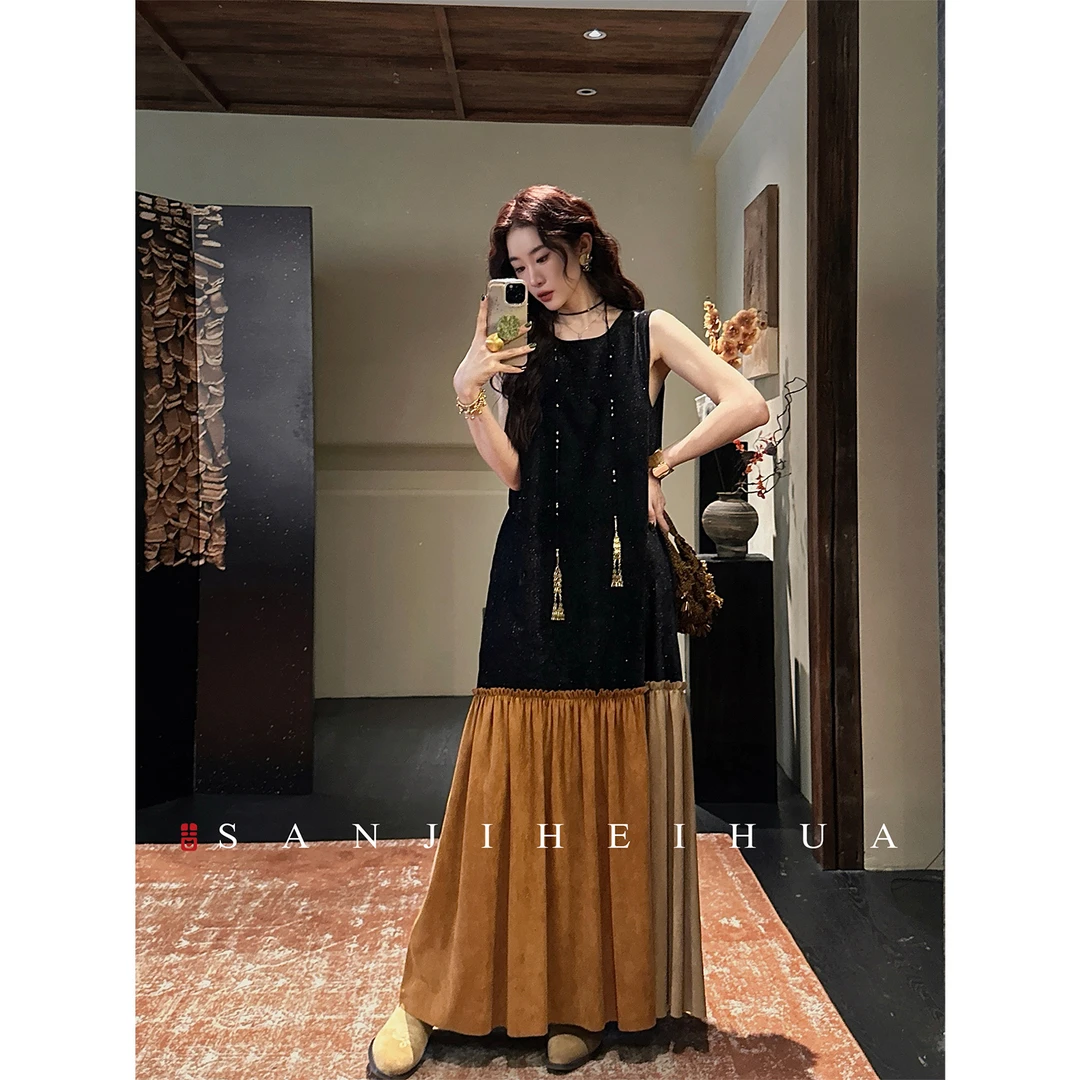 三吉黑花【松岭】连衣裙女2025新款冬细闪肌理拼接圆领背心气质款