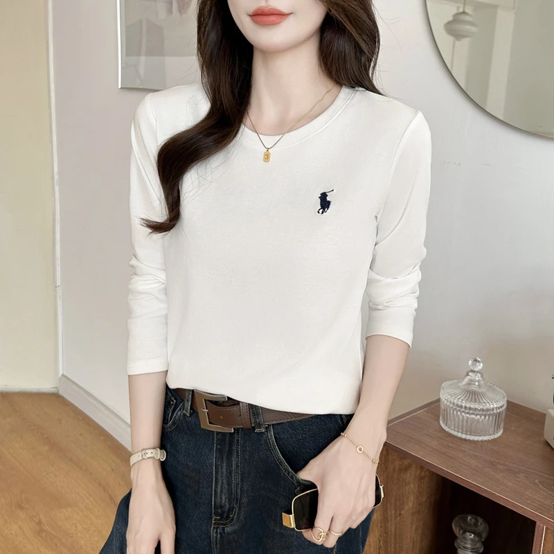潮牌春夏新款简约百搭气质刺绣小马白色长袖T恤显瘦打底衫上衣女