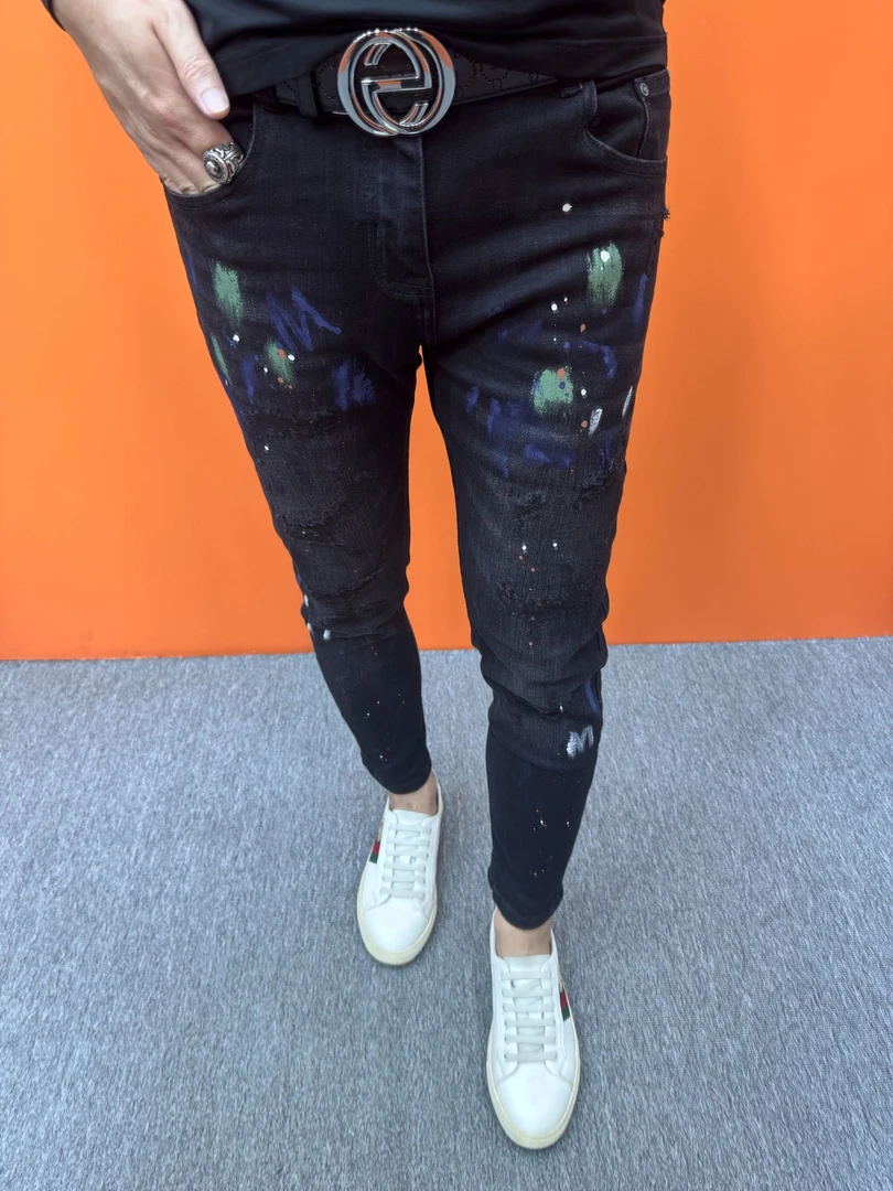 秋冬新款破洞印花九分裤修身小脚牛仔裤时尚个性弹力潮流百搭裤子