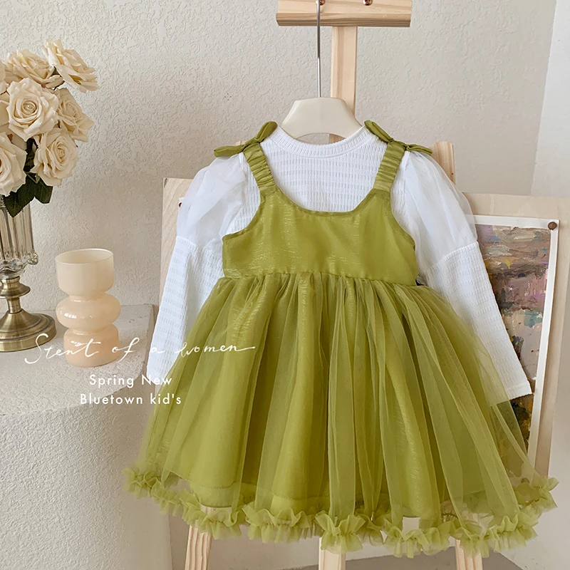 “初涧青竹”泡泡袖打底上衣+吊带网纱连衣裙套T25032 29'9