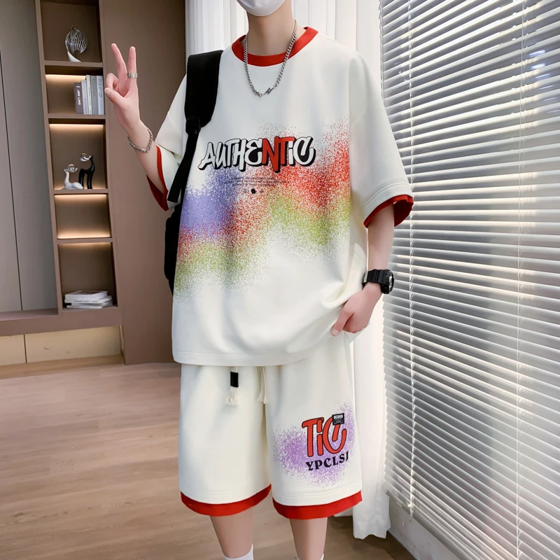 青少年夏季短袖T恤男大童2025新款初高中学生帅气套装搭配