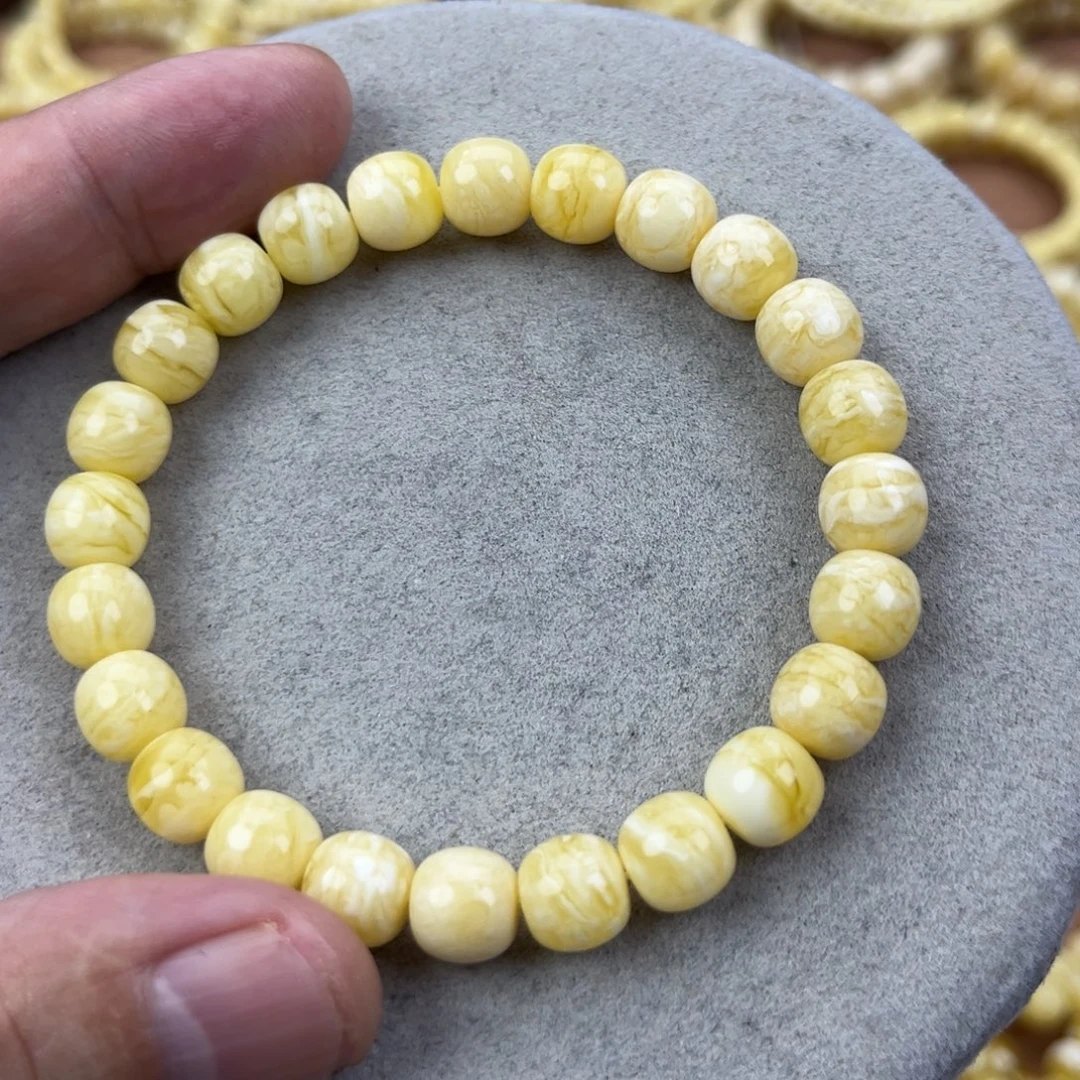 蜜蜡未镶嵌手串纯天然俄料瓷白花虎皮9*.8.5腕口18+