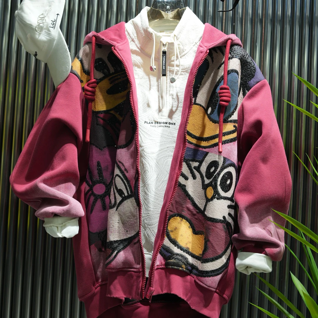 2025秋冬连帽亮片透气刺绣动物卫衣外套加潮流双面印花HF25636