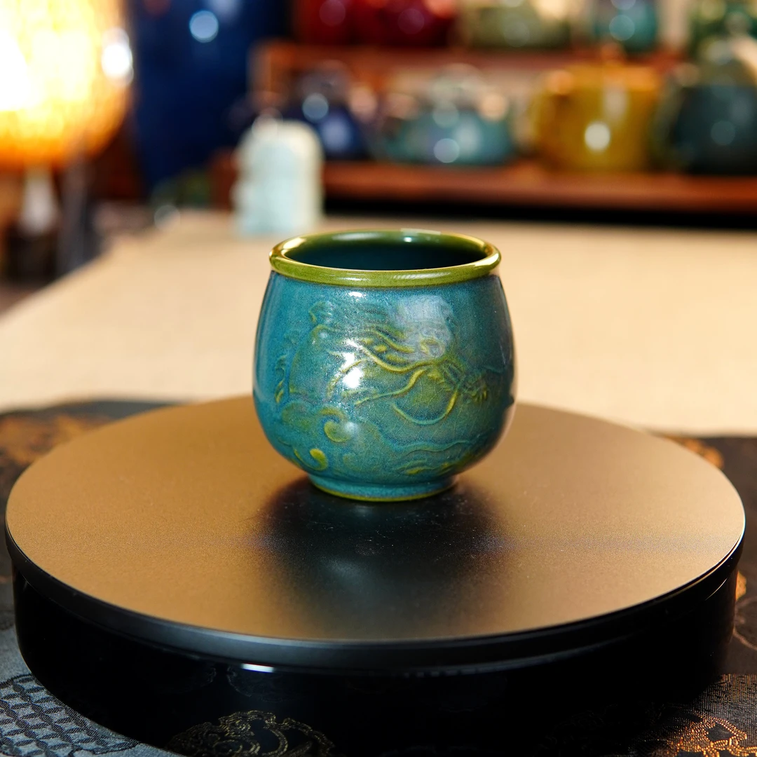 龙杯 炭烧钧瓷刻绘罗汉杯 全手工 原矿高温