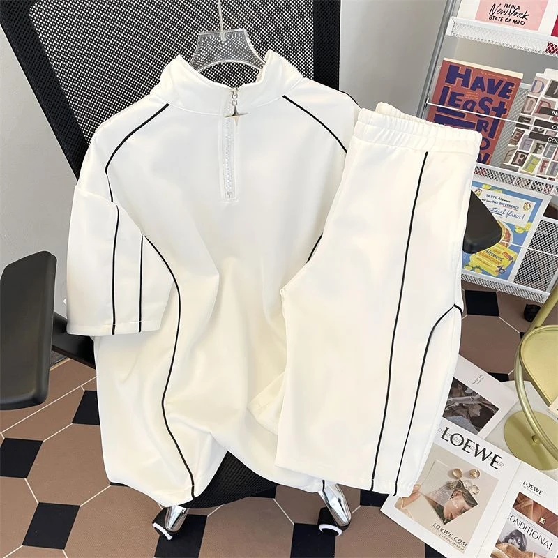 特大码300斤拼接半拉链polo衫短袖运动短裤男女装宽松T恤两件套装