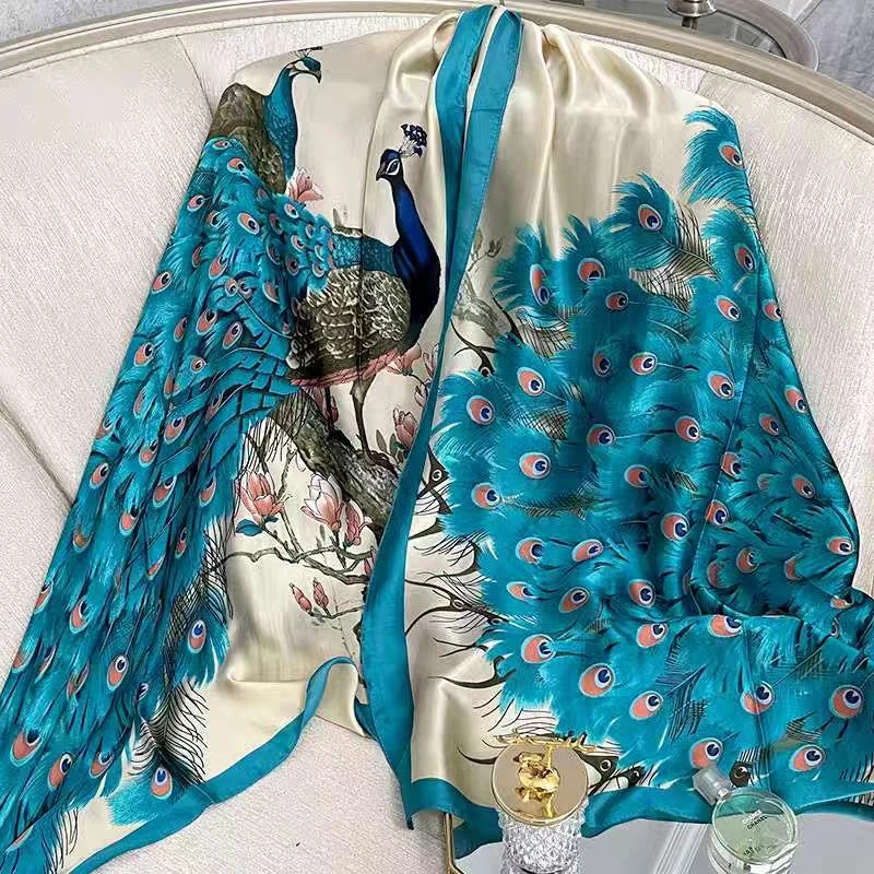 A027【孔雀开屏】蚕丝百搭轻奢手工高定丝巾80*180