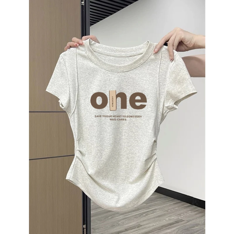 褶皱设计感正肩短袖t恤女夏季新款纯棉收腰弧形下摆修身灰色上衣