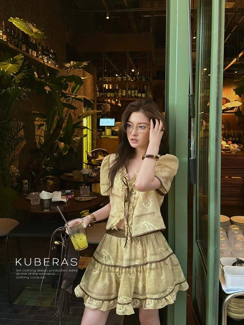 KUBERAS 原创小众短款V领抽绳腰封背心连衣裙短袖上衣半身裙套装