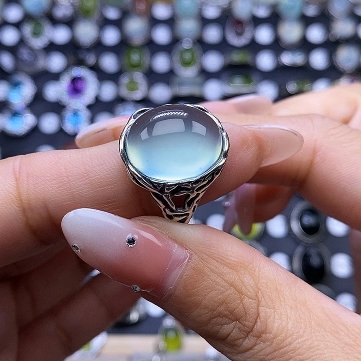 岫玉戒指银S925镶嵌婷*