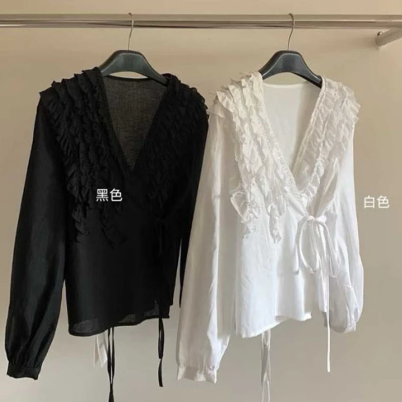 高级感轻奢小众木耳边长袖苎麻衬衫女超好看气质开衫独特别致上衣