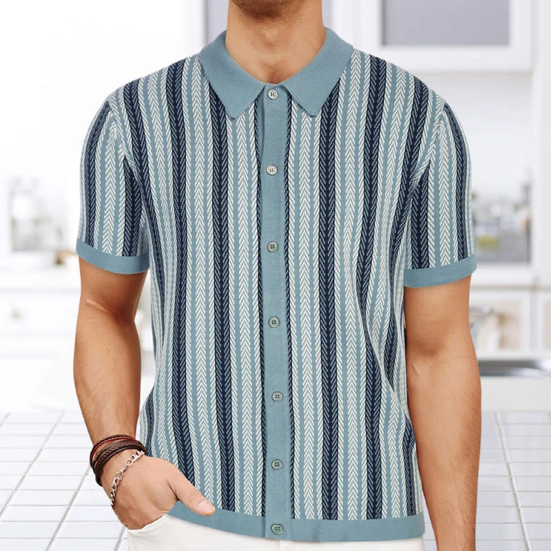 男装夏季新款条纹提花针织Polo衫短袖开衫针织上衣高级感洋气男装