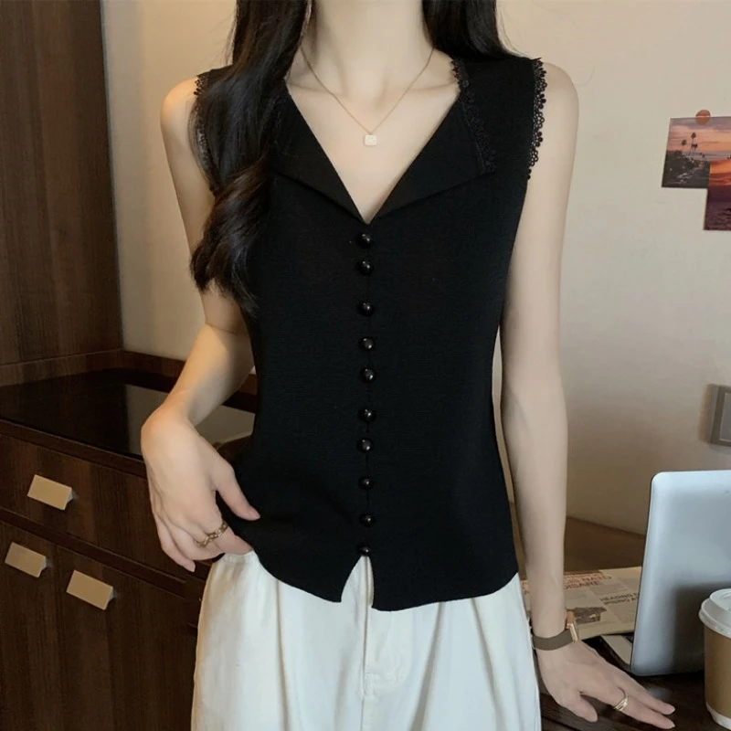 大码蕾丝拼接无袖针织背心吊带女夏薄款胖MM显瘦百搭洋气外穿上衣