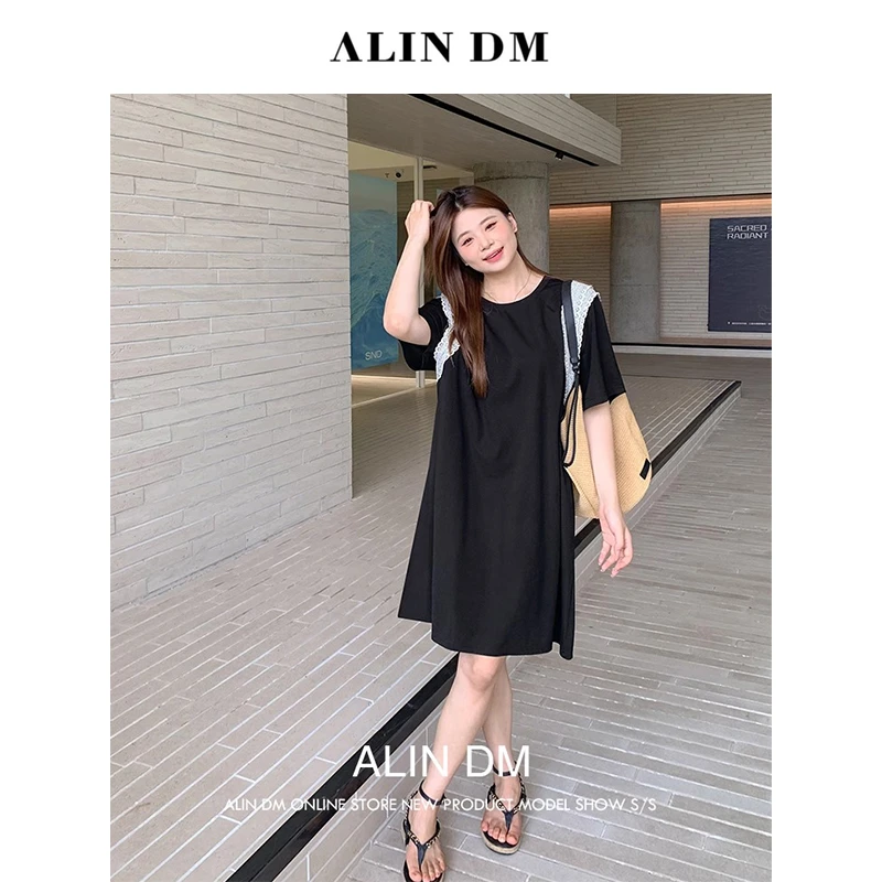 ALINDM【梦浸古董】大码微胖mm温柔韩系蕾丝拼接短袖连衣裙 IG5076