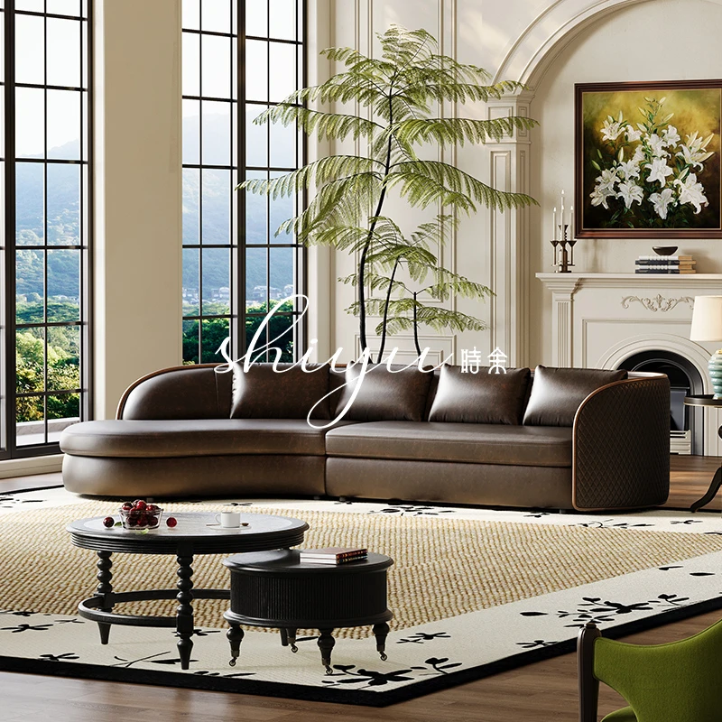 时余洛意美式复古客厅简约北欧意式头层牛皮沙发别墅转角皮艺沙发