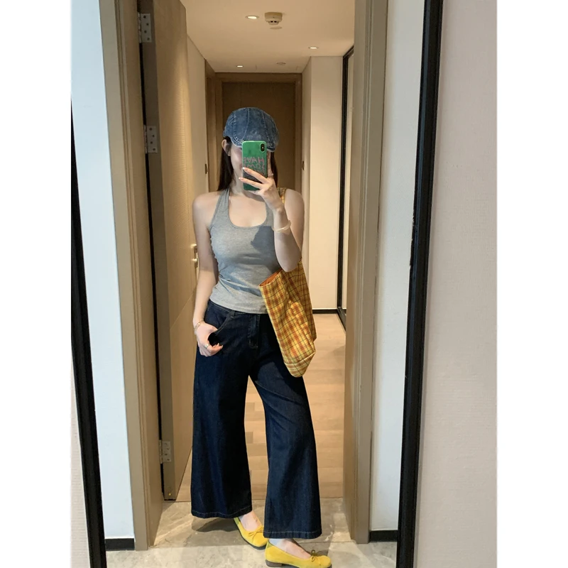 小沈美眉微胖梨形显瘦深蓝弹力牛仔九分裤夏薄款高腰直筒裤子女