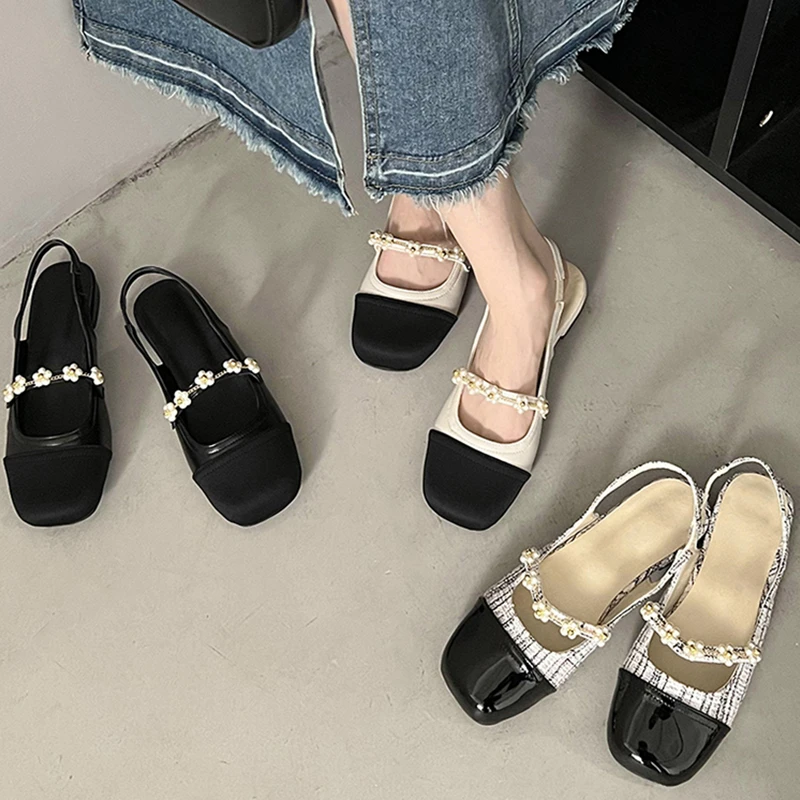 复古白色法式玛丽珍鞋女2025新款秋季百搭珍珠仙女风平底包头凉鞋