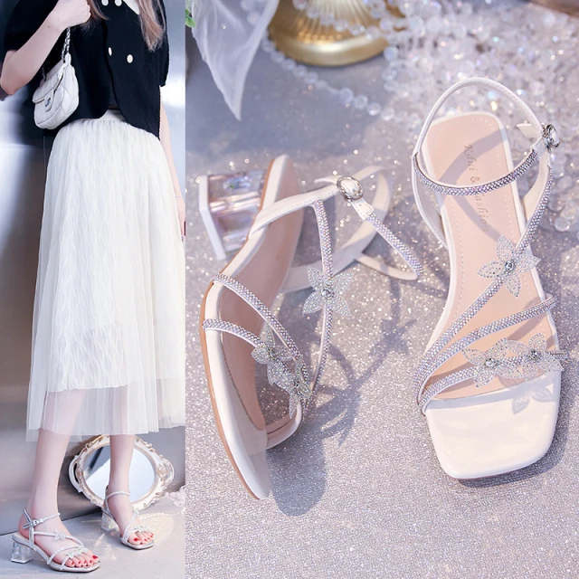 银色水钻凉鞋女2025年夏季配裙粗跟露趾绝美蝴蝶结水晶高跟鞋粗跟
