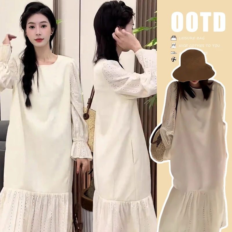 孕妇装春秋款2025时尚韩版镂空设计感拼接高腰显瘦百搭孕妇连衣裙