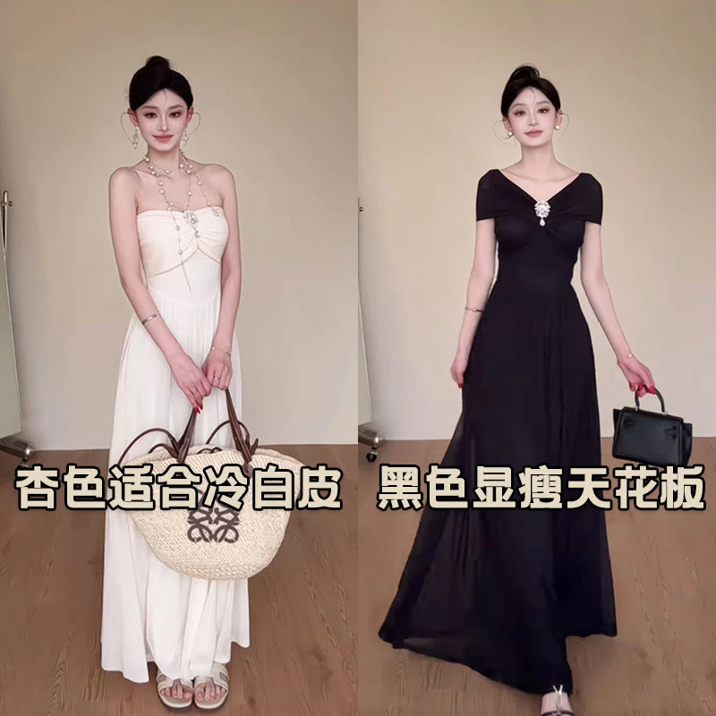L002 0515【元元】度假风高级感一字肩修身显瘦气质仙女大摆长裙女