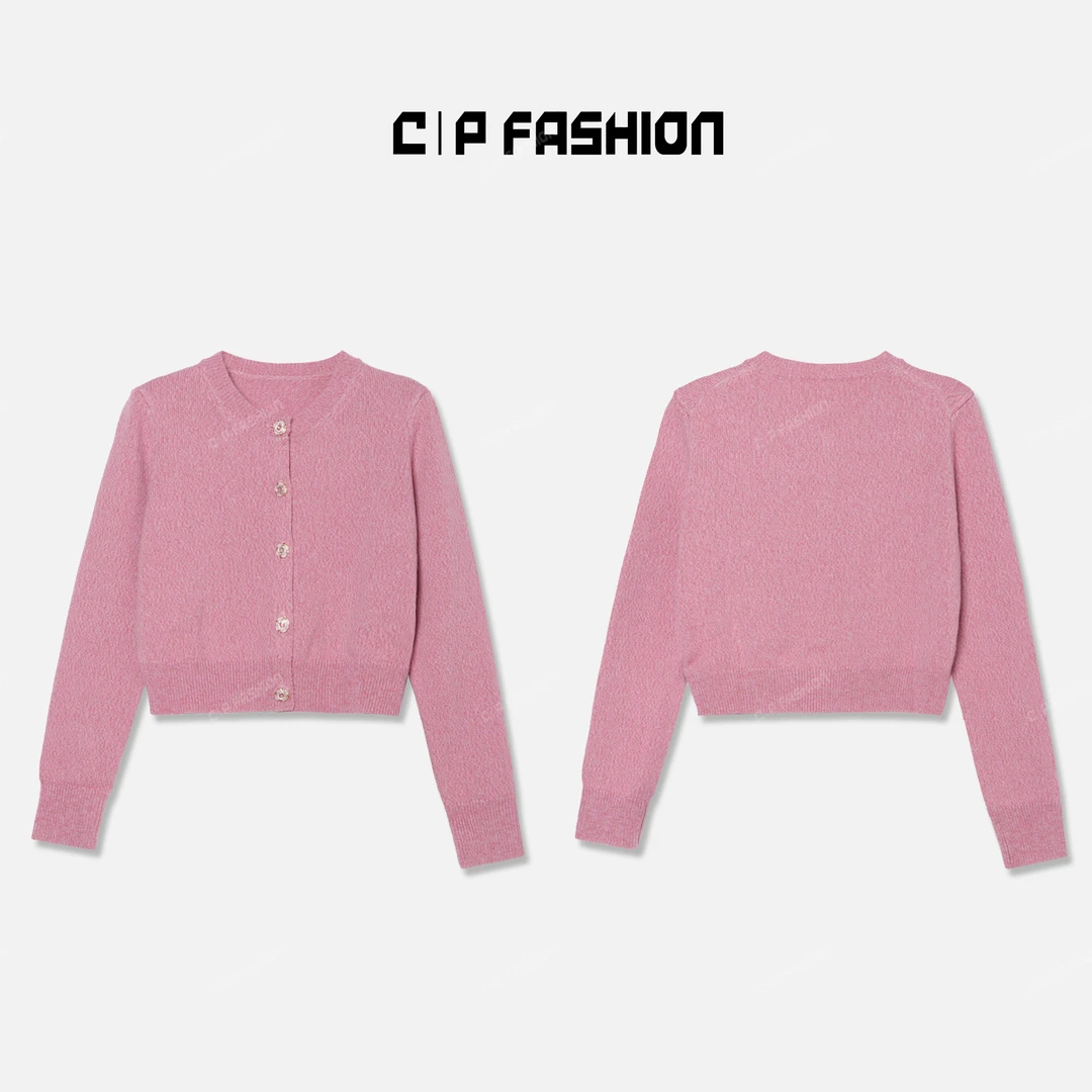 Chlisdinacoco丨“緈致兲洸”纯色短款长袖开衫粉色毛衣J71202MY243