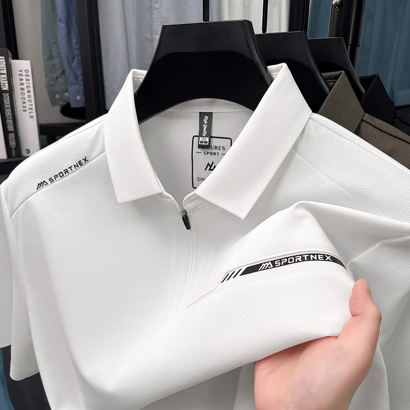 John Bunni高品质冰丝短袖t恤男士夏季新款透气凉爽半拉链polo衫