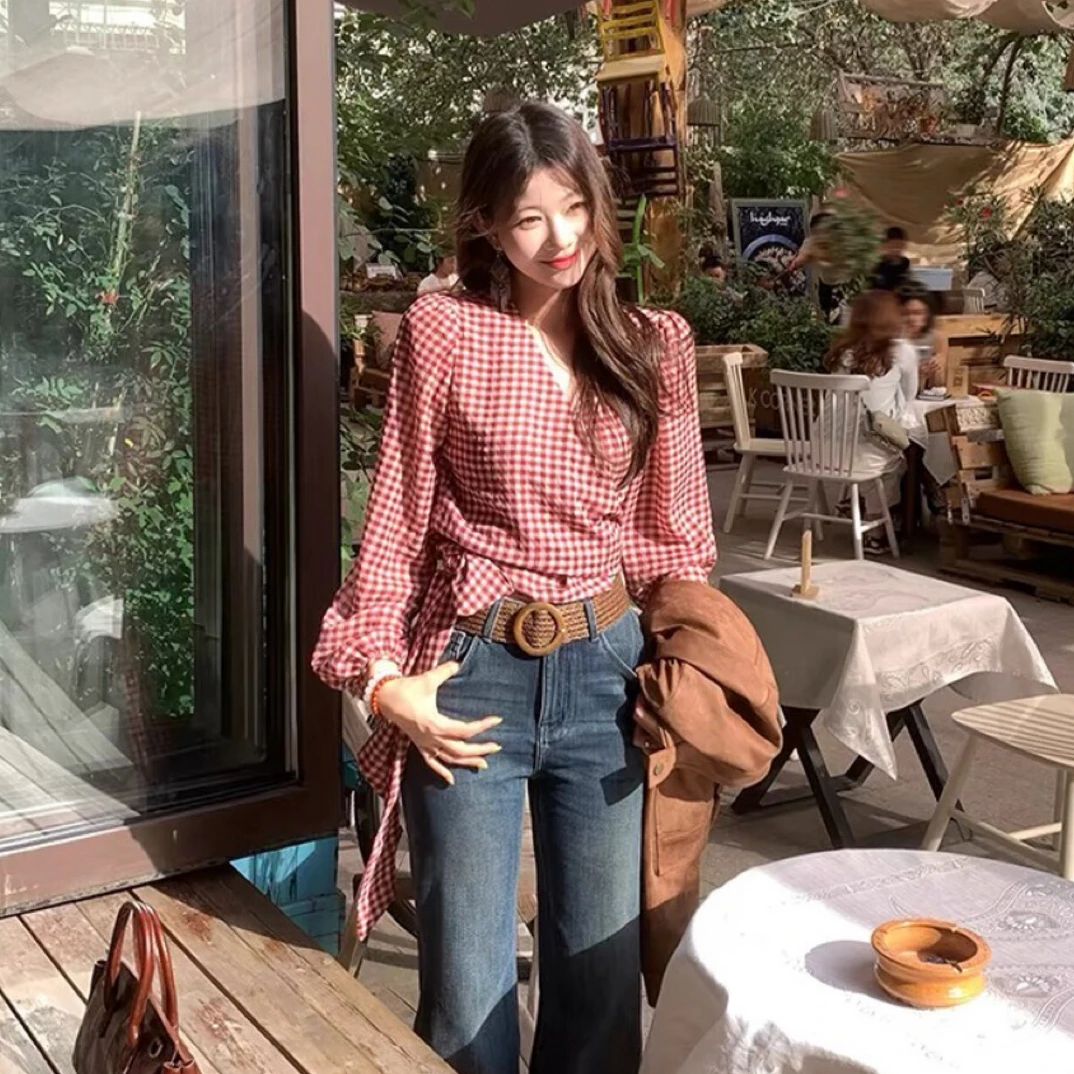 【微醺朗姆】通勤休闲风侧面绑带格纹衬衫小衫  6022