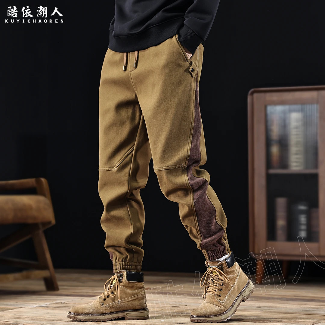 酷依潮人加绒加厚美式复古休闲工装裤男秋冬2025新款弹力拼接长裤