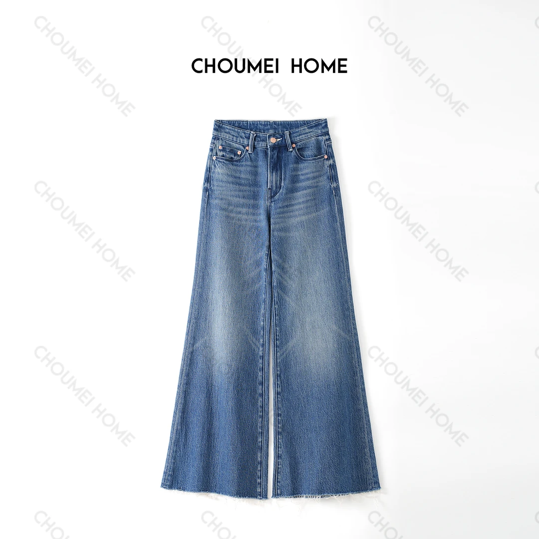 Choumei Home25秋季杨幂同款 蓝色高腰流苏毛边微喇叭牛仔裤女