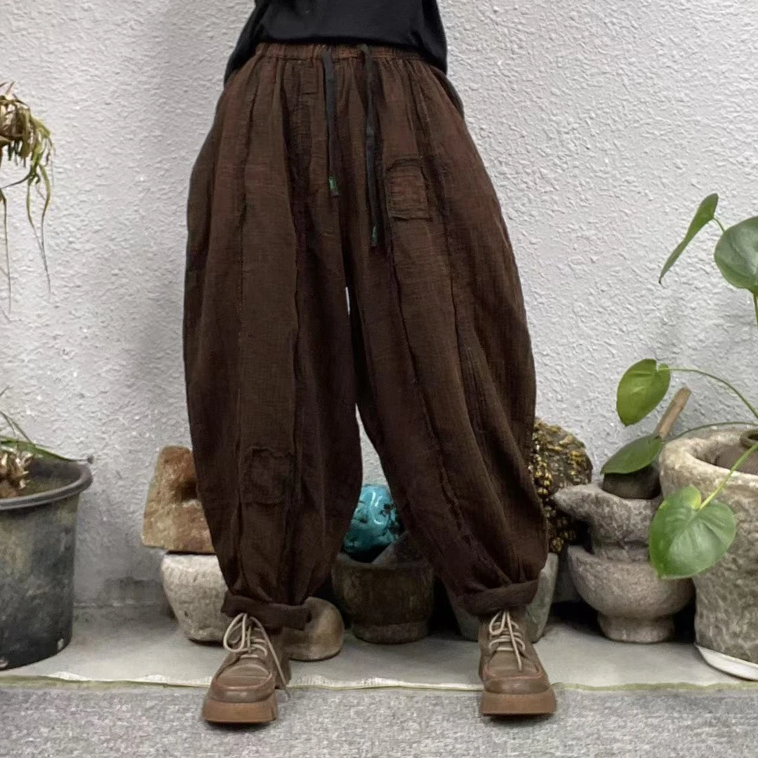 9906-1春深咖炒色双层纱对角布前毛边休闲裤（长90臀围140脚口42