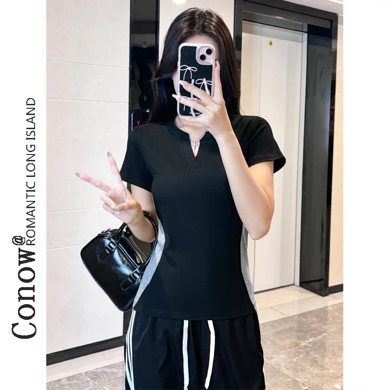 2025夏季新款拼色掐腰短袖t恤女修身螺纹打底衫百搭V领显瘦上衣