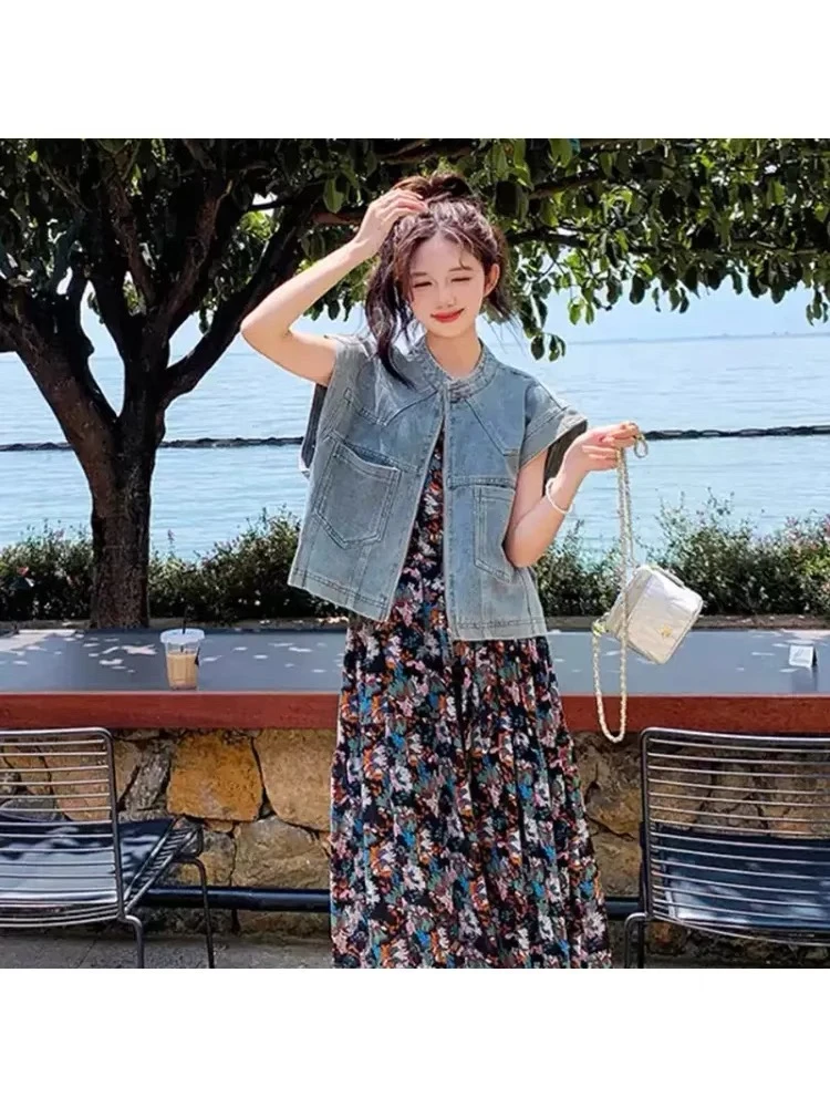 C2650美式蓝色牛仔马甲女外套新款春夏季设计感拉链开衫短款马夹