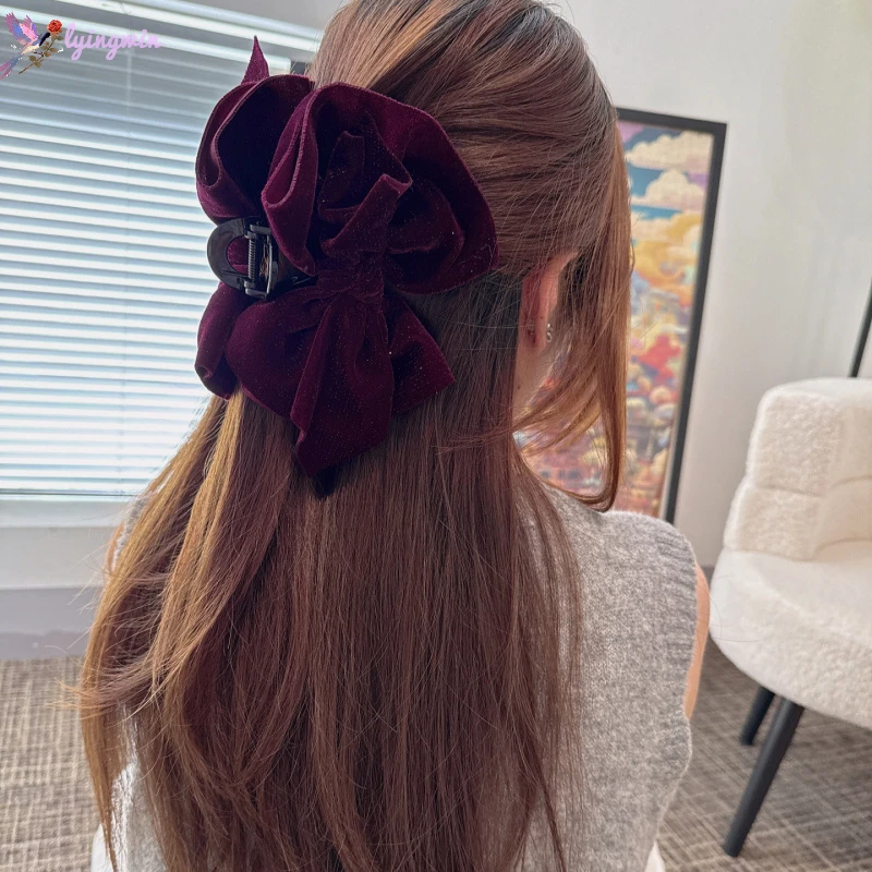 优雅细闪丝绒超大号蝴蝶结抓夹后脑勺高级感盘发法半扎发夹鲨鱼夹